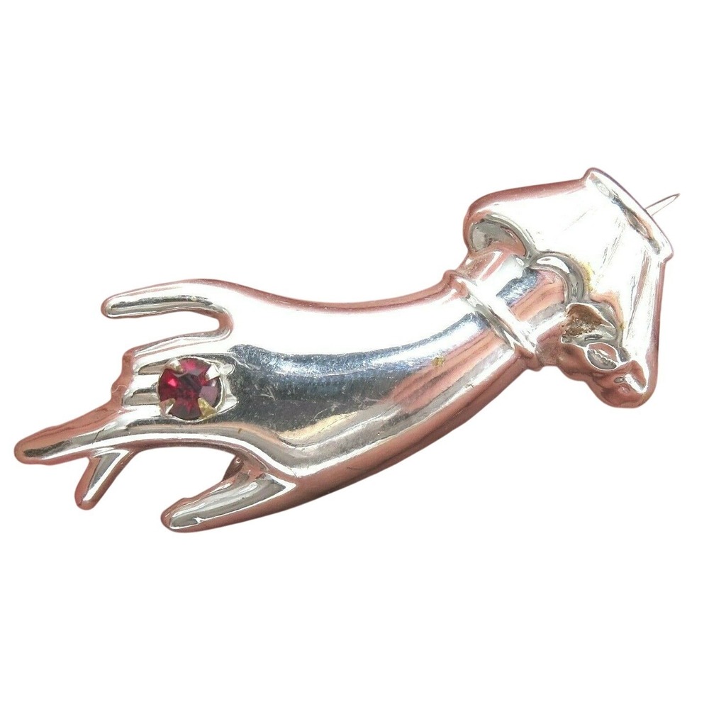 Vintage ART DECO Silver Plated HAND Brooch Figural Rhinestone Accent C-clasp PIN